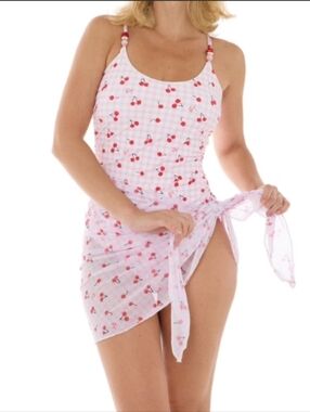 Betsy Johnson Cherry One Piece Swimsuit & Sarrong Set Size XL NWT